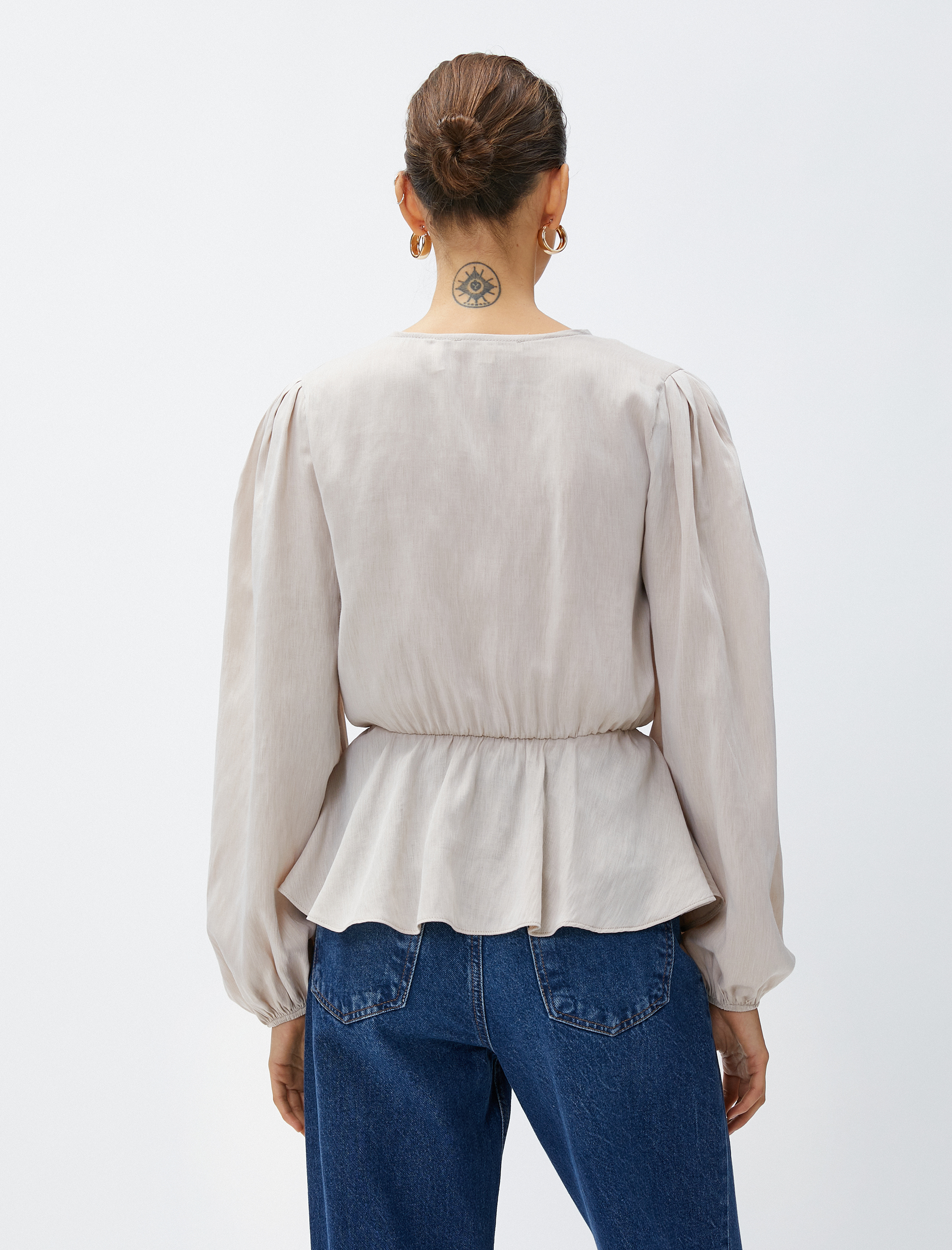   Beli Büzgülü Bluz V Yaka Balon Kol