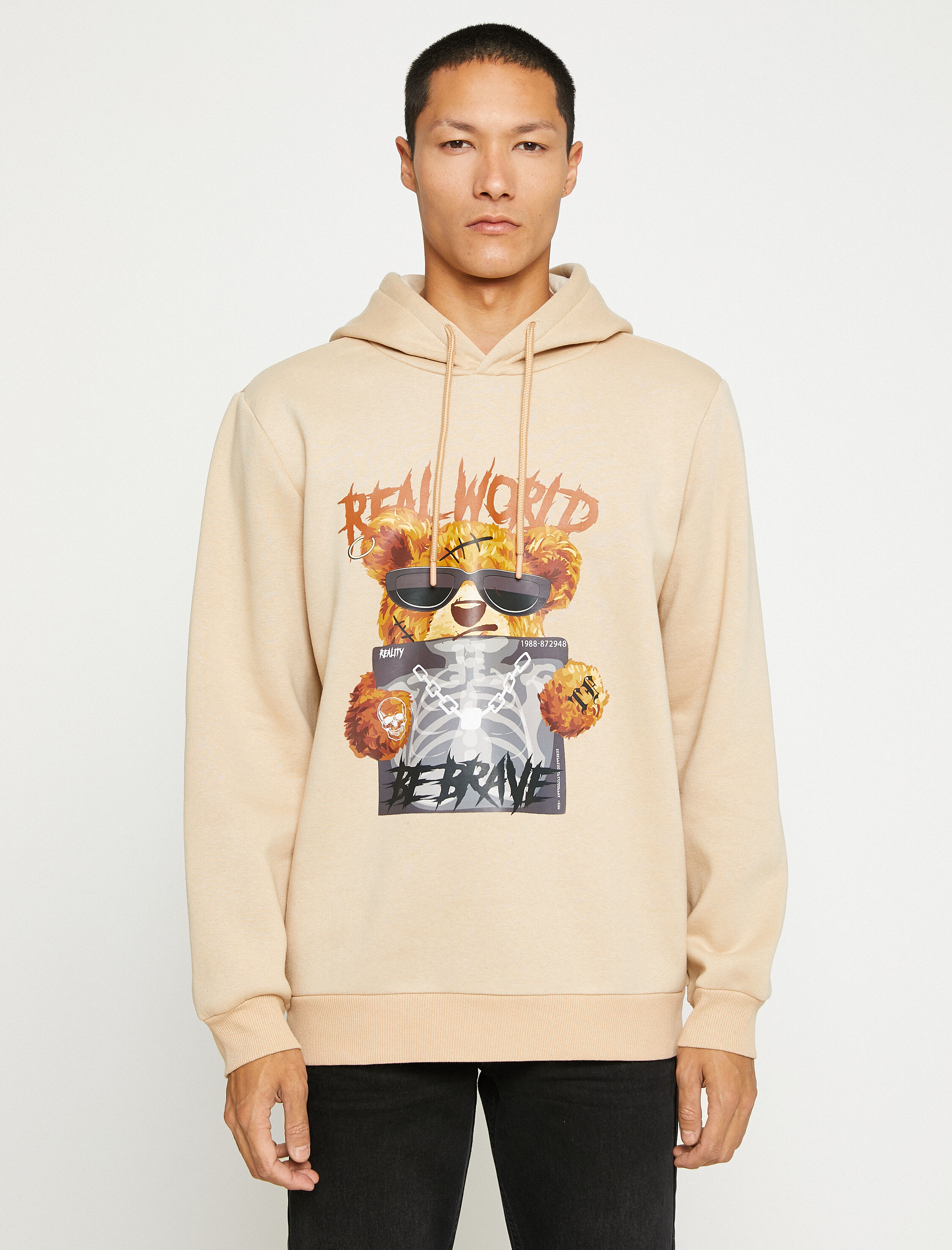   Ayı Baskılı Kapşonlu Sweatshirt Şardonlu