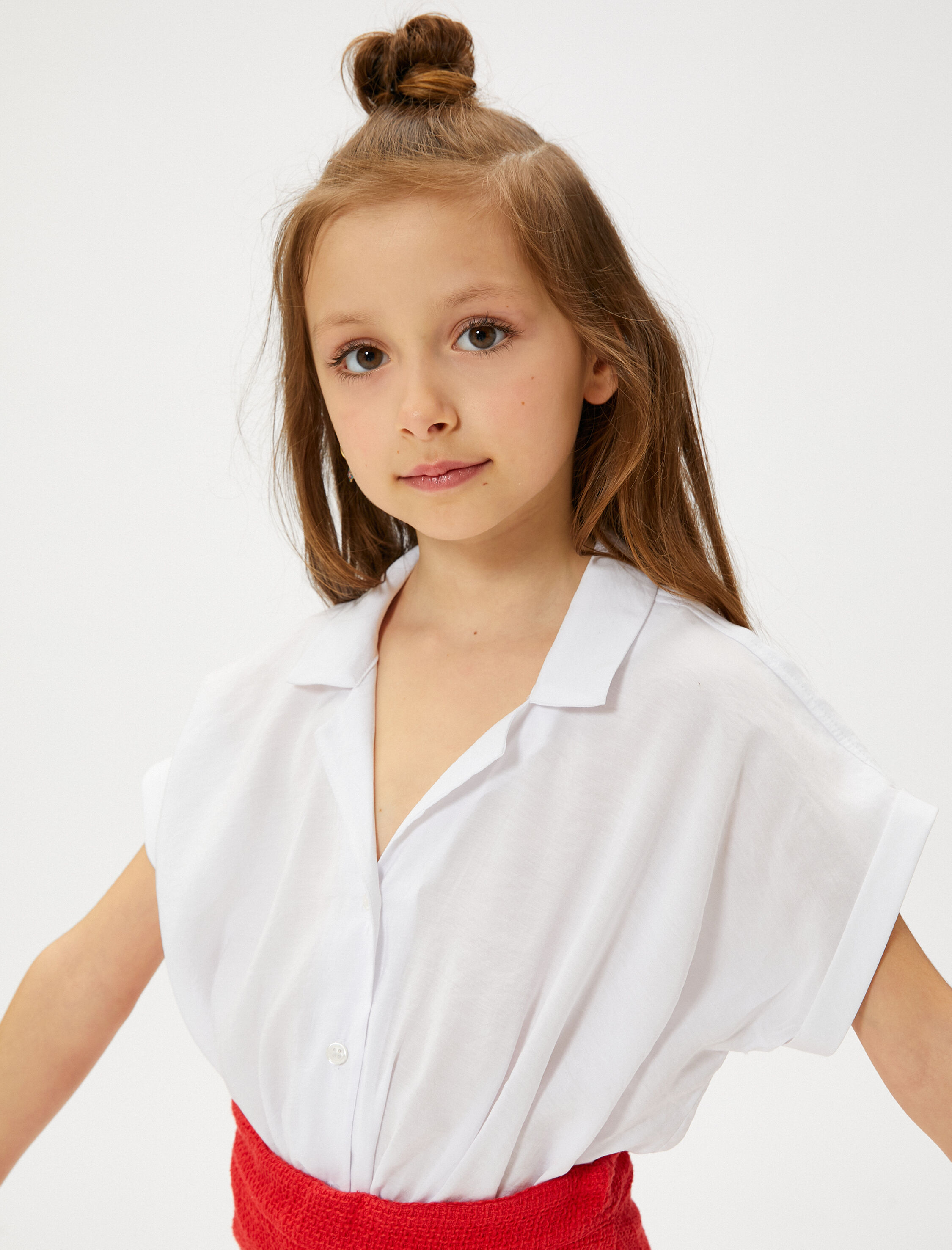 Kız Çocuk Gömlek Kısa Kollu Önü Bağlamalı Cepli Modal Karışımlı