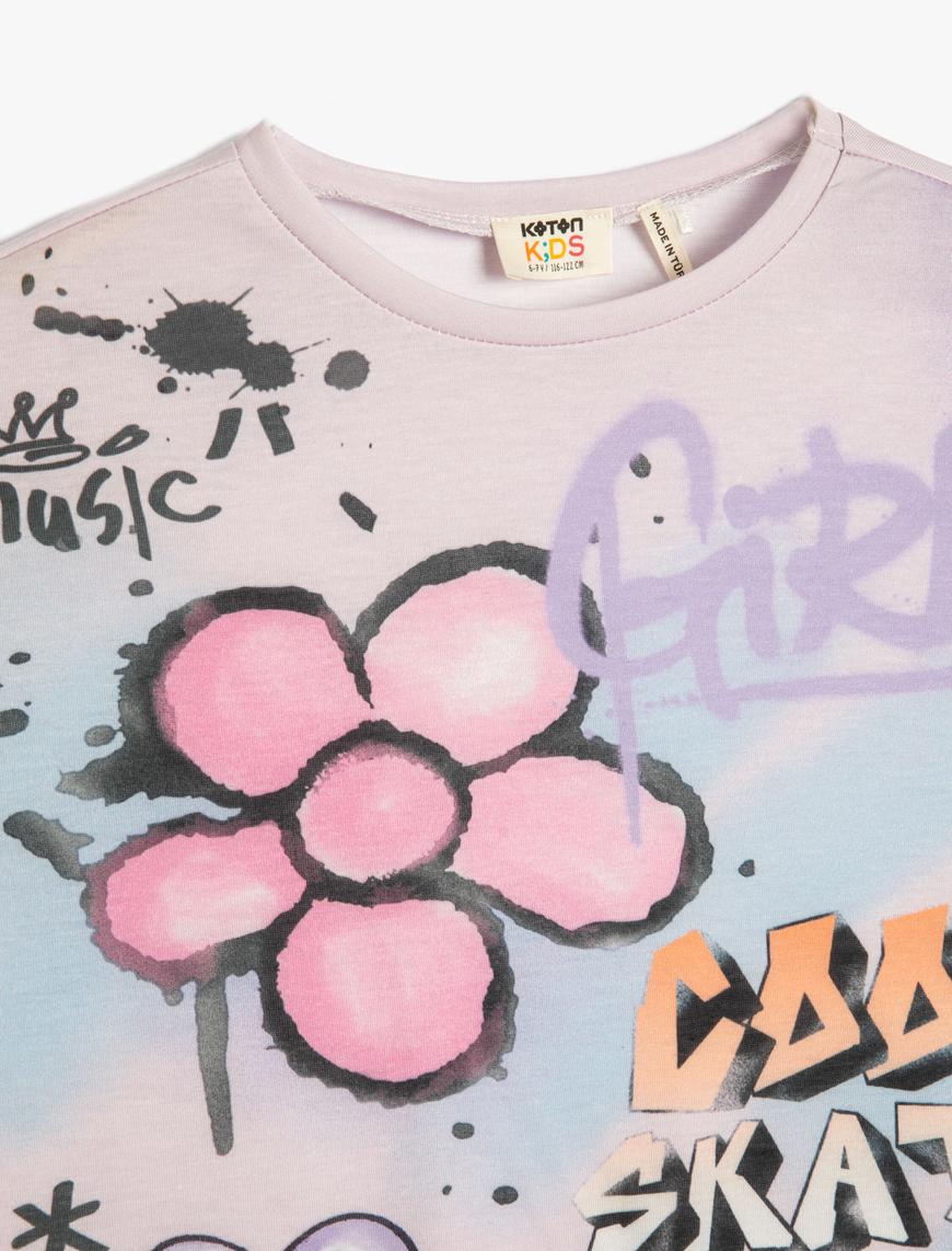  Kız Çocuk Oversize Tişört Batik Desenli Grafiti Baskılı