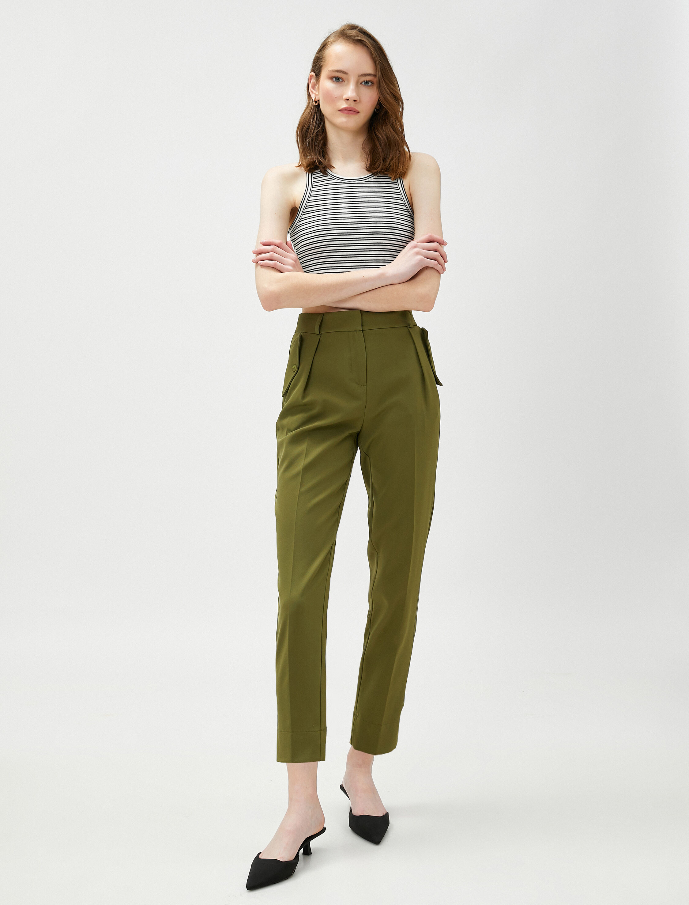   Crop Pantolon Cep Detaylı Dar Paça Yüksek Bel