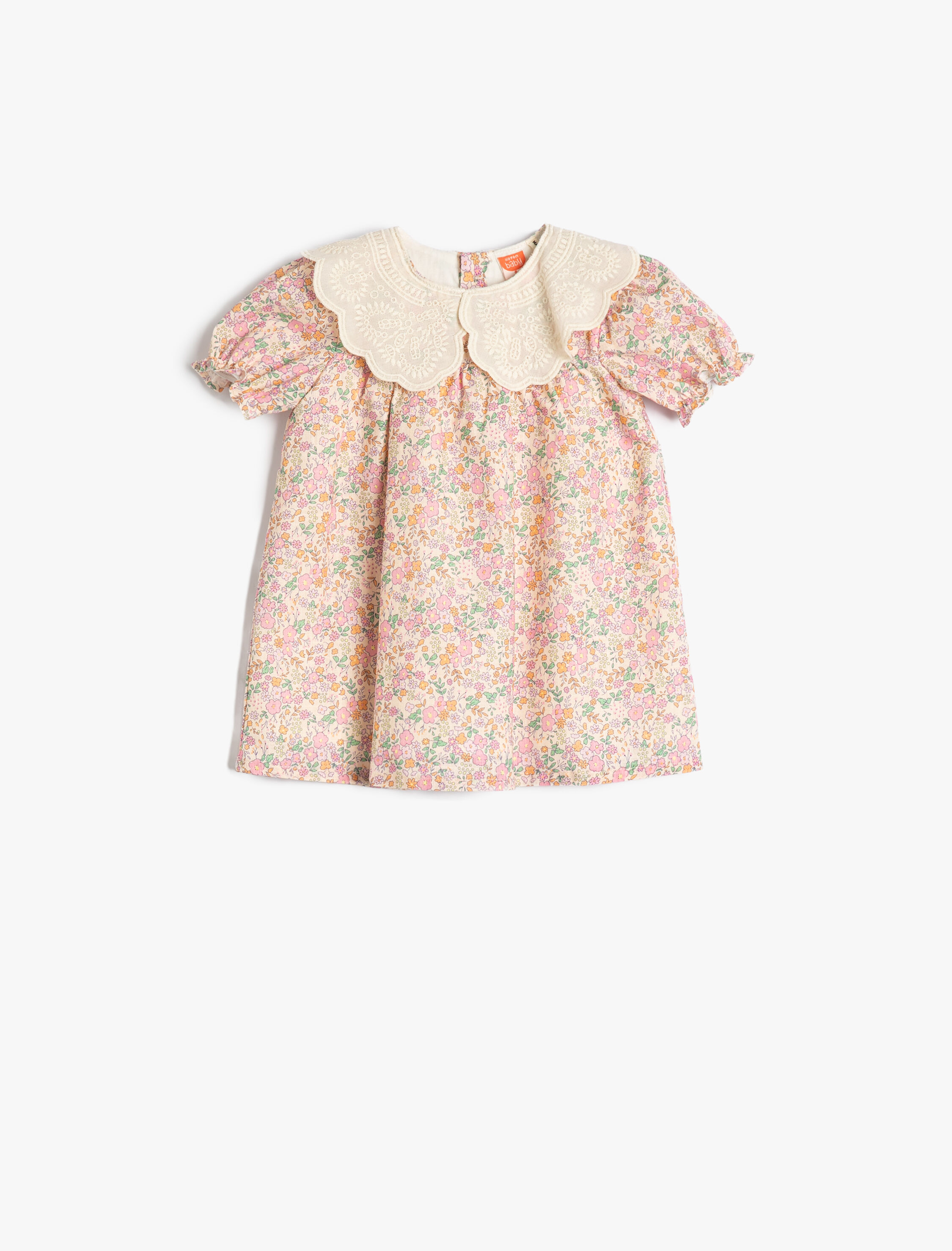  Kız Bebek Elbise Çiçekli Geniş Bebe Yaka Kısa Kollu Pamuklu