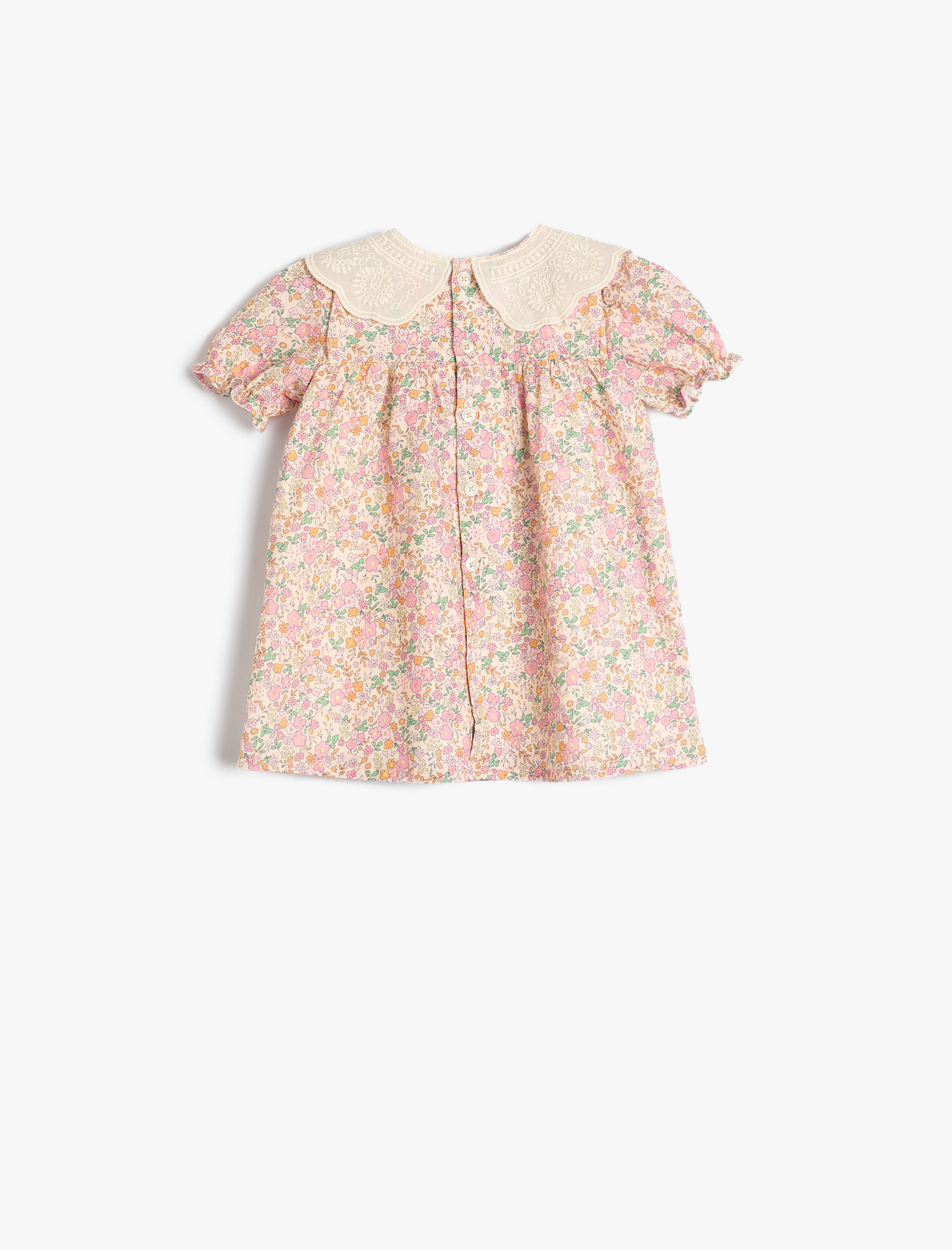  Kız Bebek Elbise Çiçekli Geniş Bebe Yaka Kısa Kollu Pamuklu