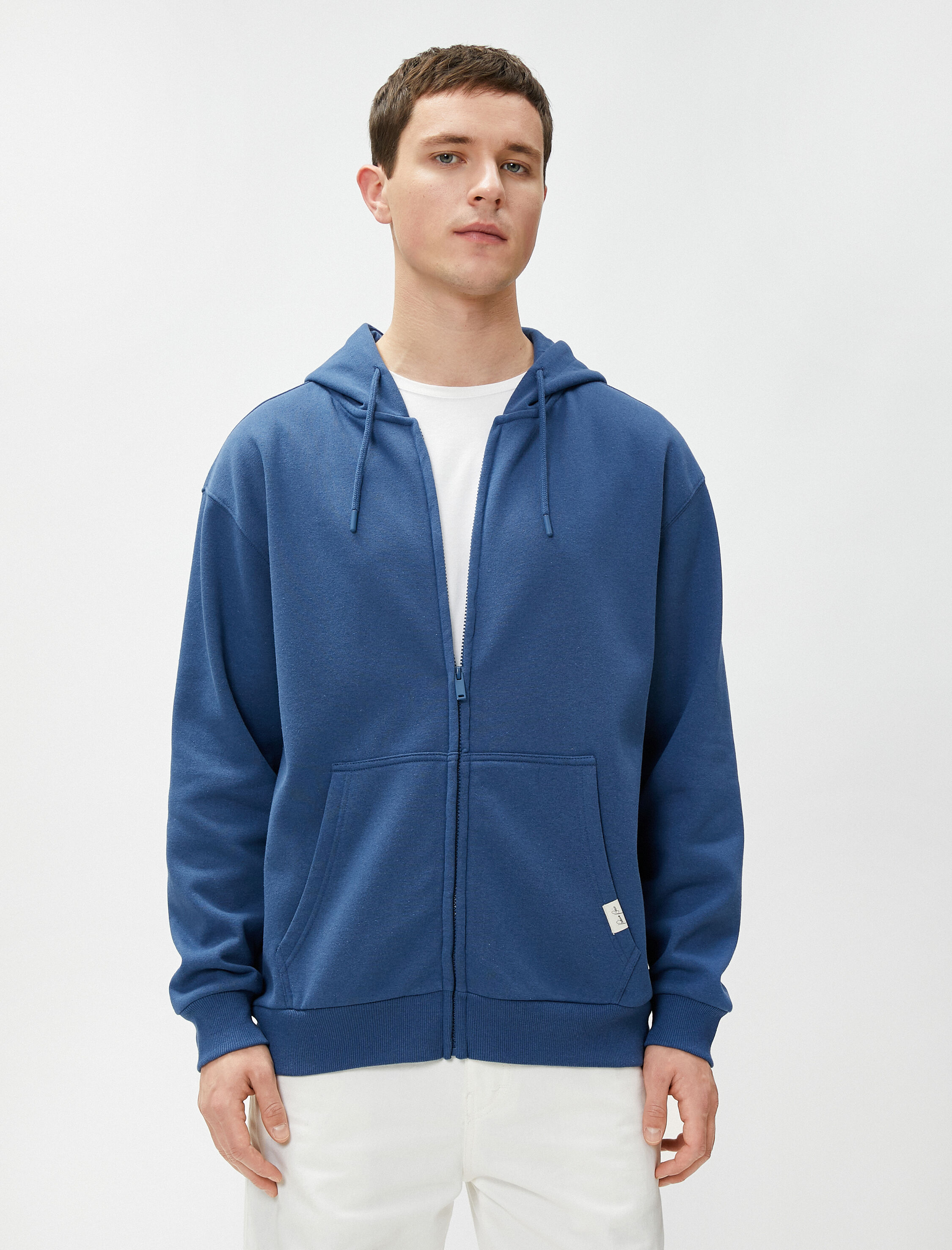 Oversize Fermuarlı Sweatshirt Kapşonlu Cep Detaylı Etiket Baskılı Şardonlu