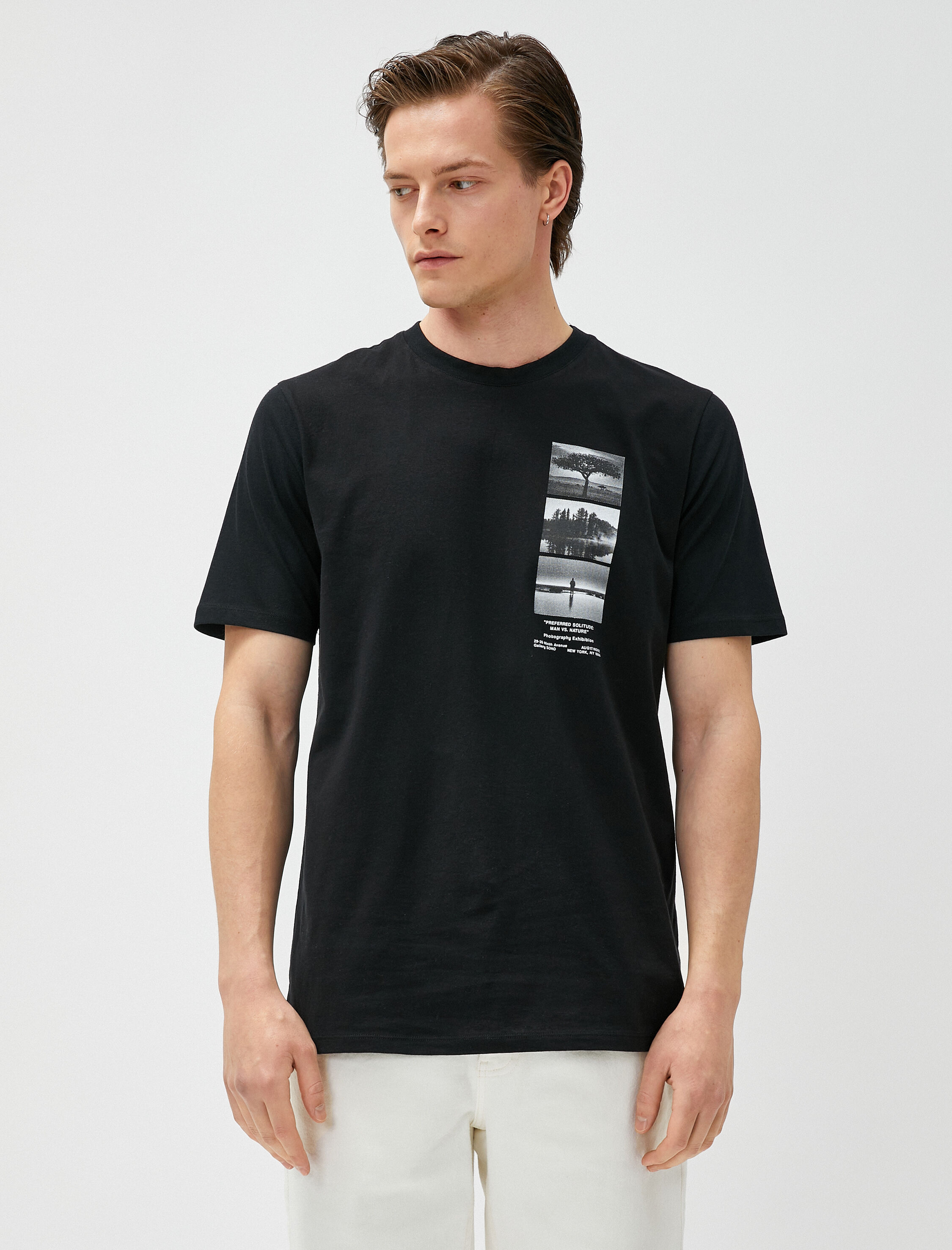   Slogan Baskılı Tişört Manzara Detaylı Bisiklet Yaka Pamuklu