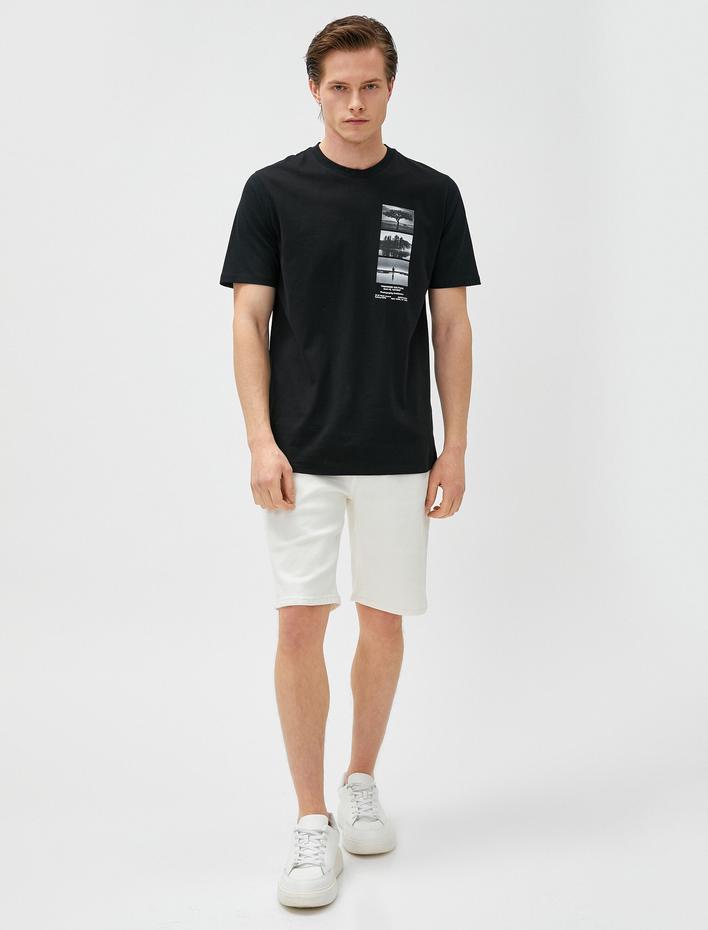  Slogan Baskılı Tişört Manzara Detaylı Bisiklet Yaka Pamuklu