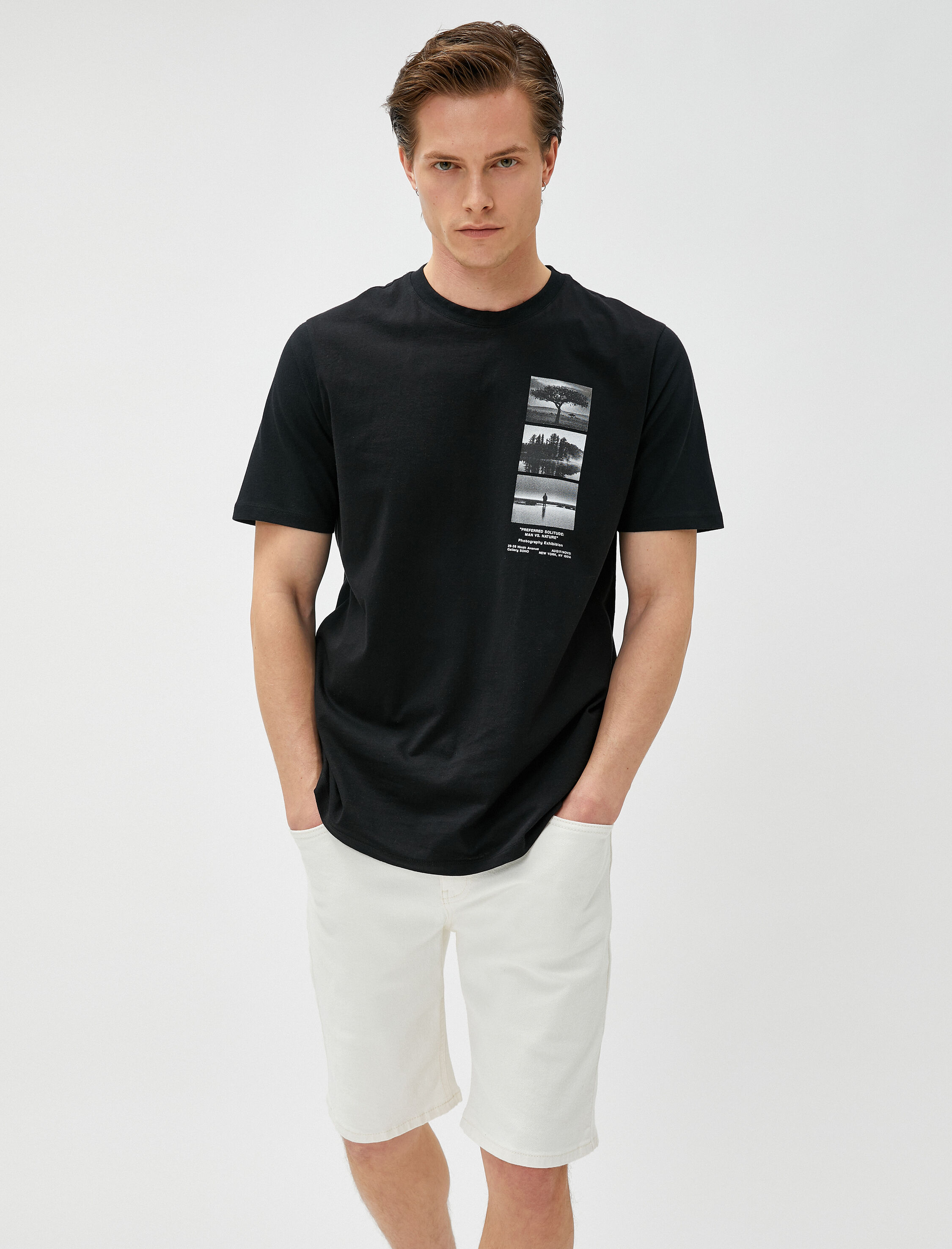   Slogan Baskılı Tişört Manzara Detaylı Bisiklet Yaka Pamuklu