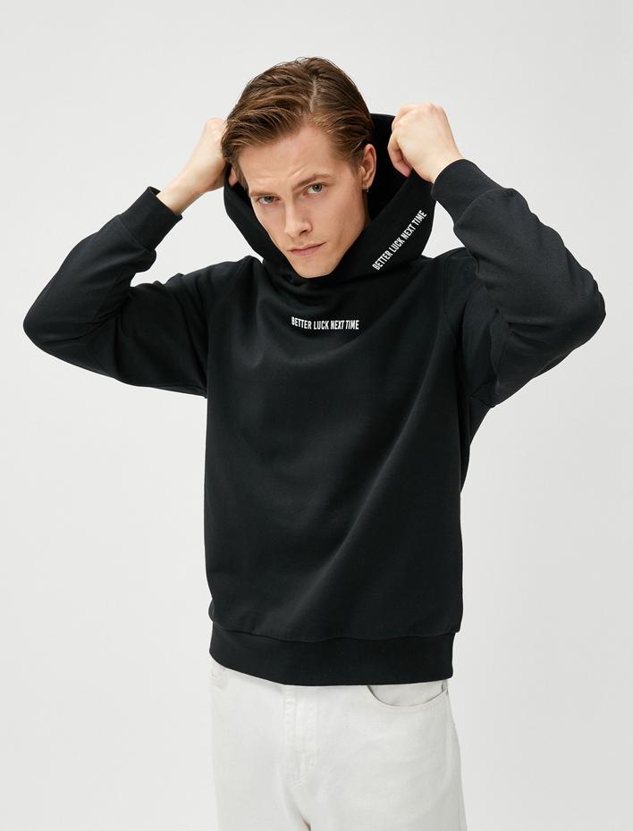  Kapüşonlu Sweat Slogan Baskılı Uzun Kollu Şardonlu