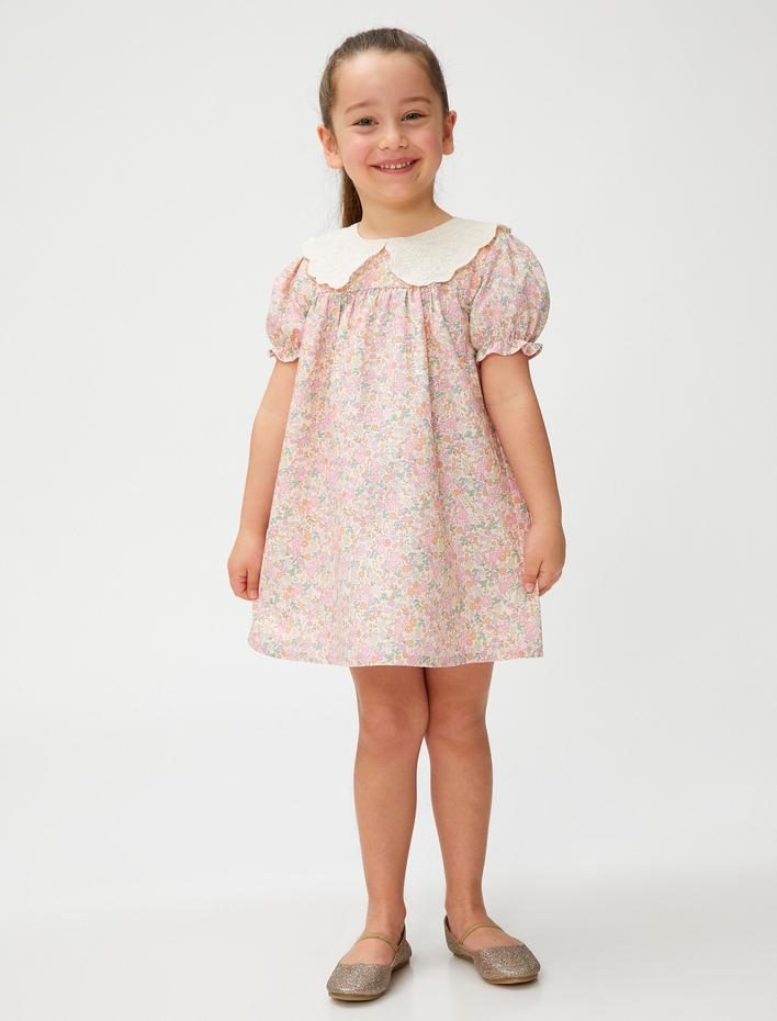Kız Bebek Elbise Çiçekli Geniş Bebe Yaka Kısa Kollu Pamuklu