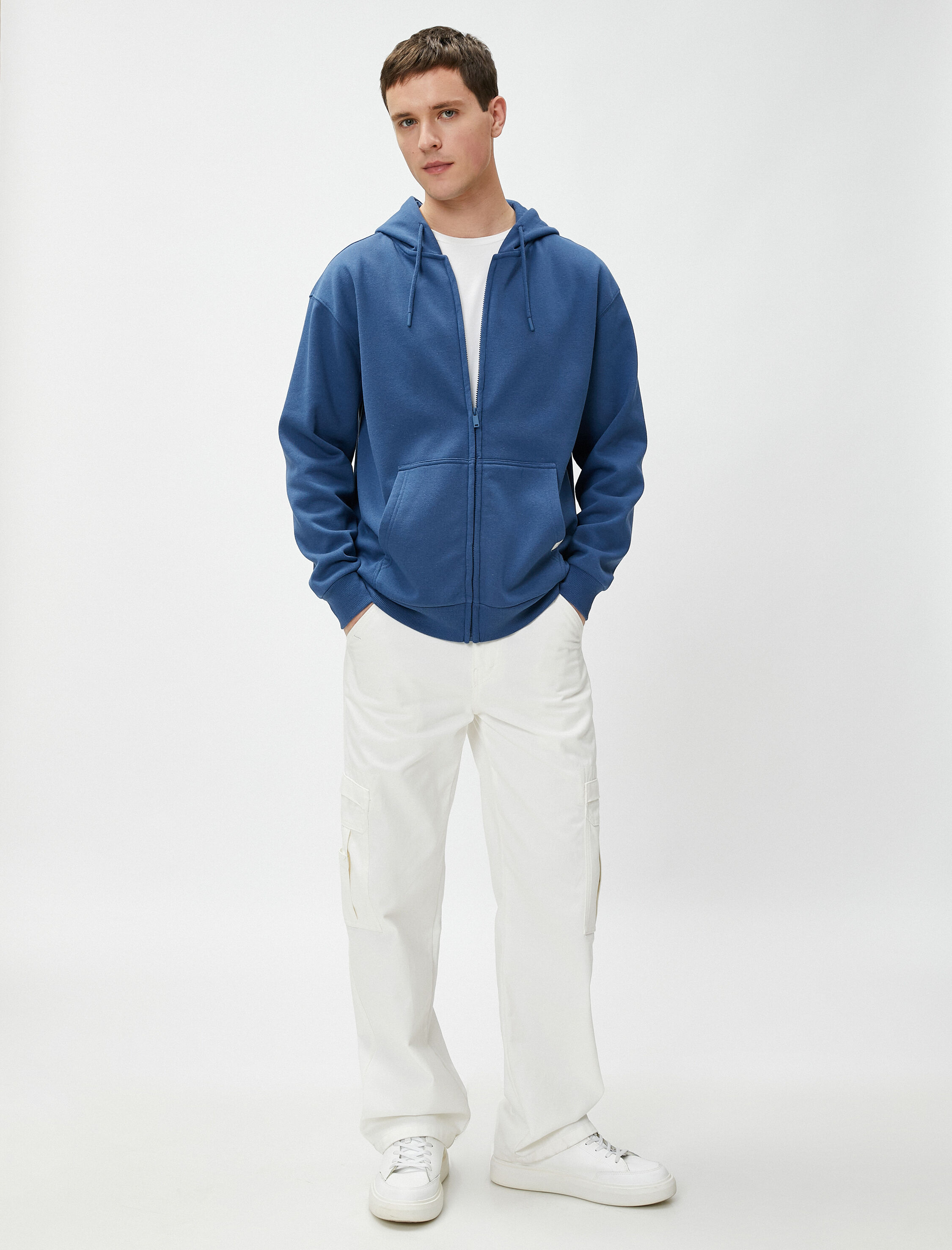 Oversize Fermuarlı Sweatshirt Kapşonlu Cep Detaylı Etiket Baskılı Şardonlu