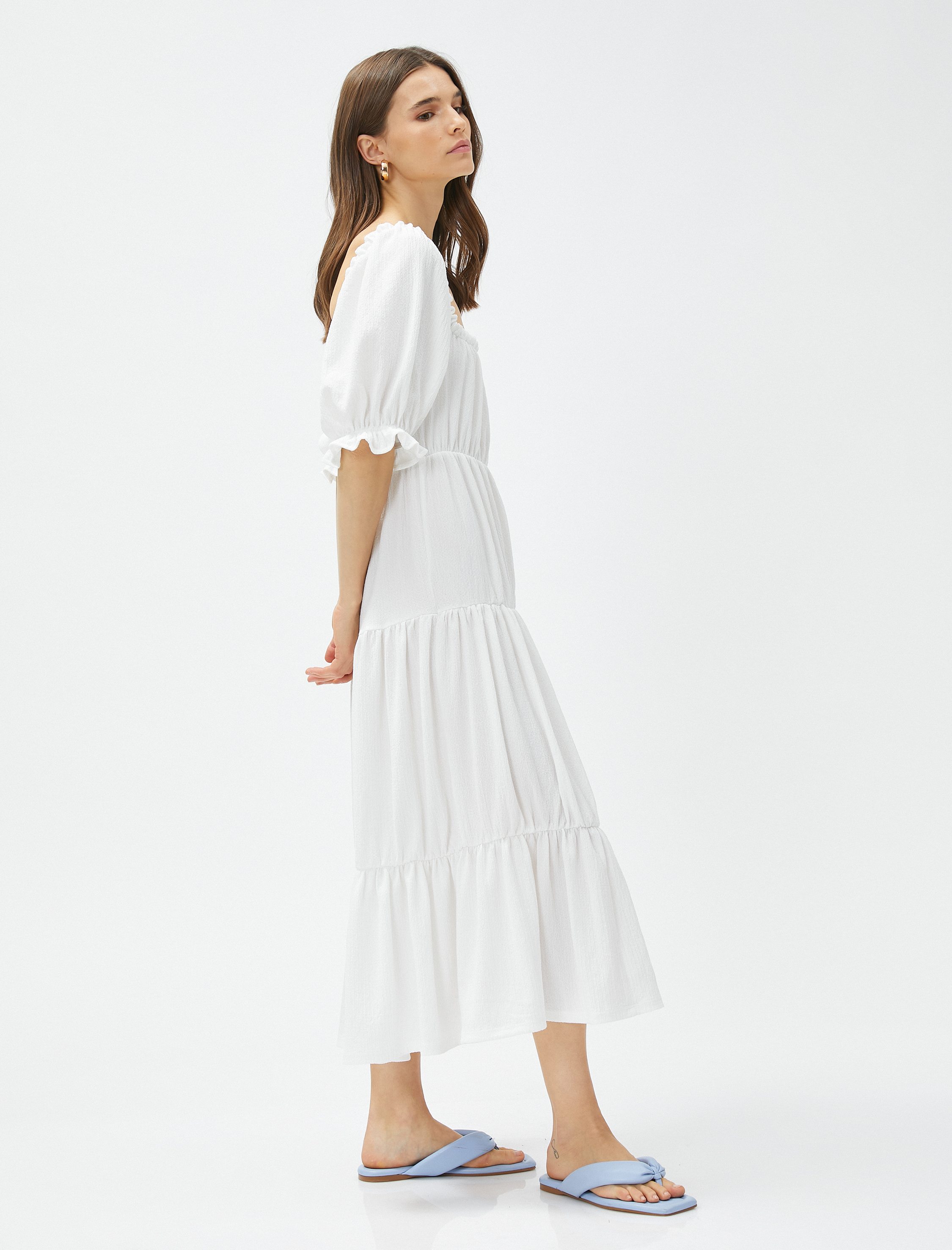   Katlı Midi Boy Elbise Balon Kol