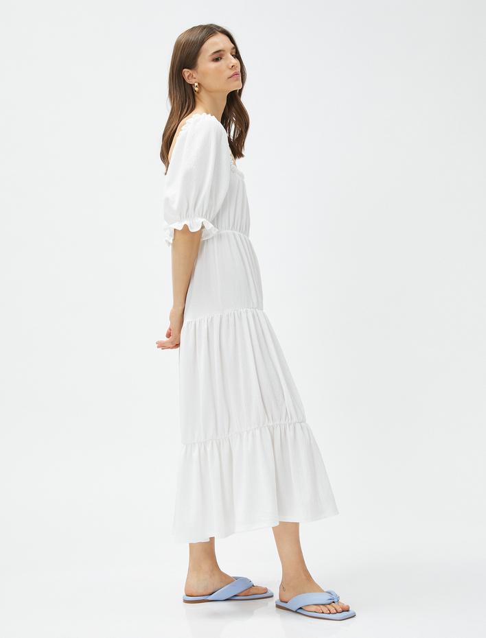  Katlı Midi Boy Elbise Balon Kol