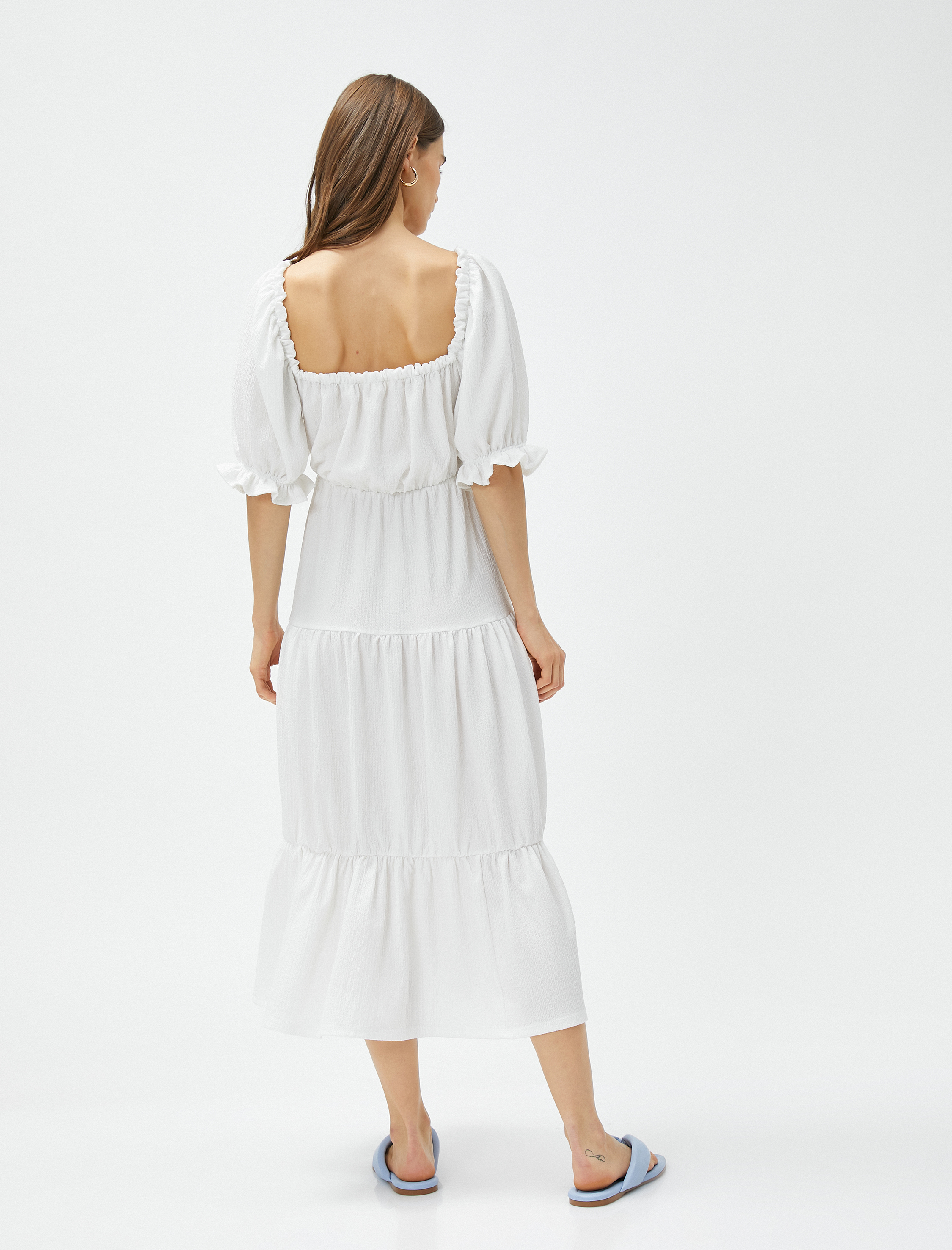   Katlı Midi Boy Elbise Balon Kol