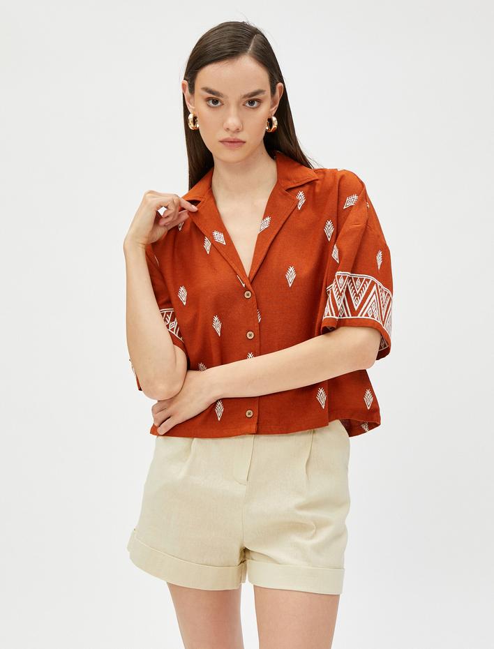  Etnik Desenli Gömlek Kısa Kollu Klasik Yaka