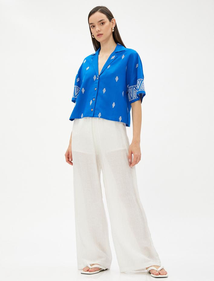  Etnik Desenli Gömlek Kısa Kollu Klasik Yaka