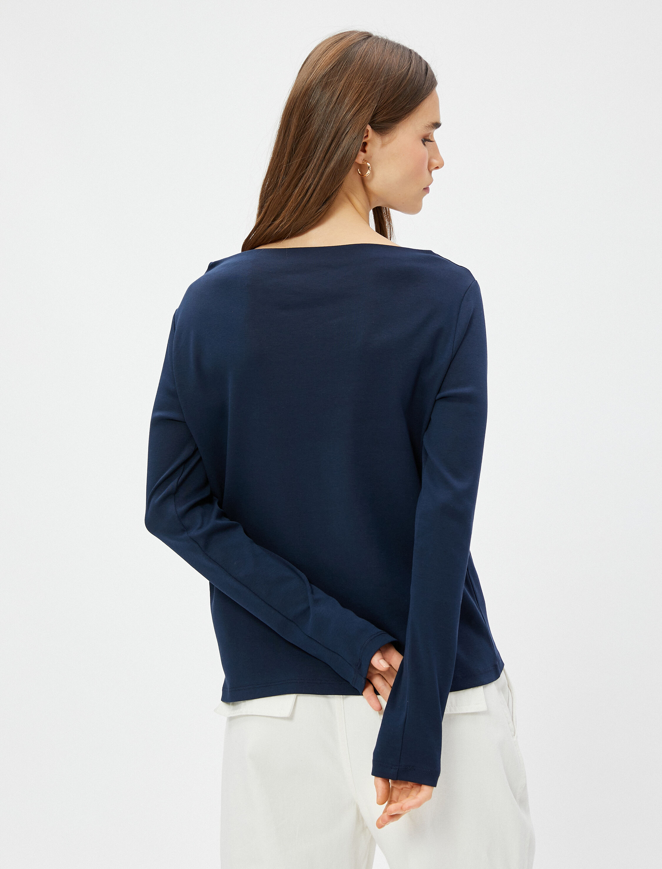   Kayık Yaka Tişört Uzun Kollu Pamuklu