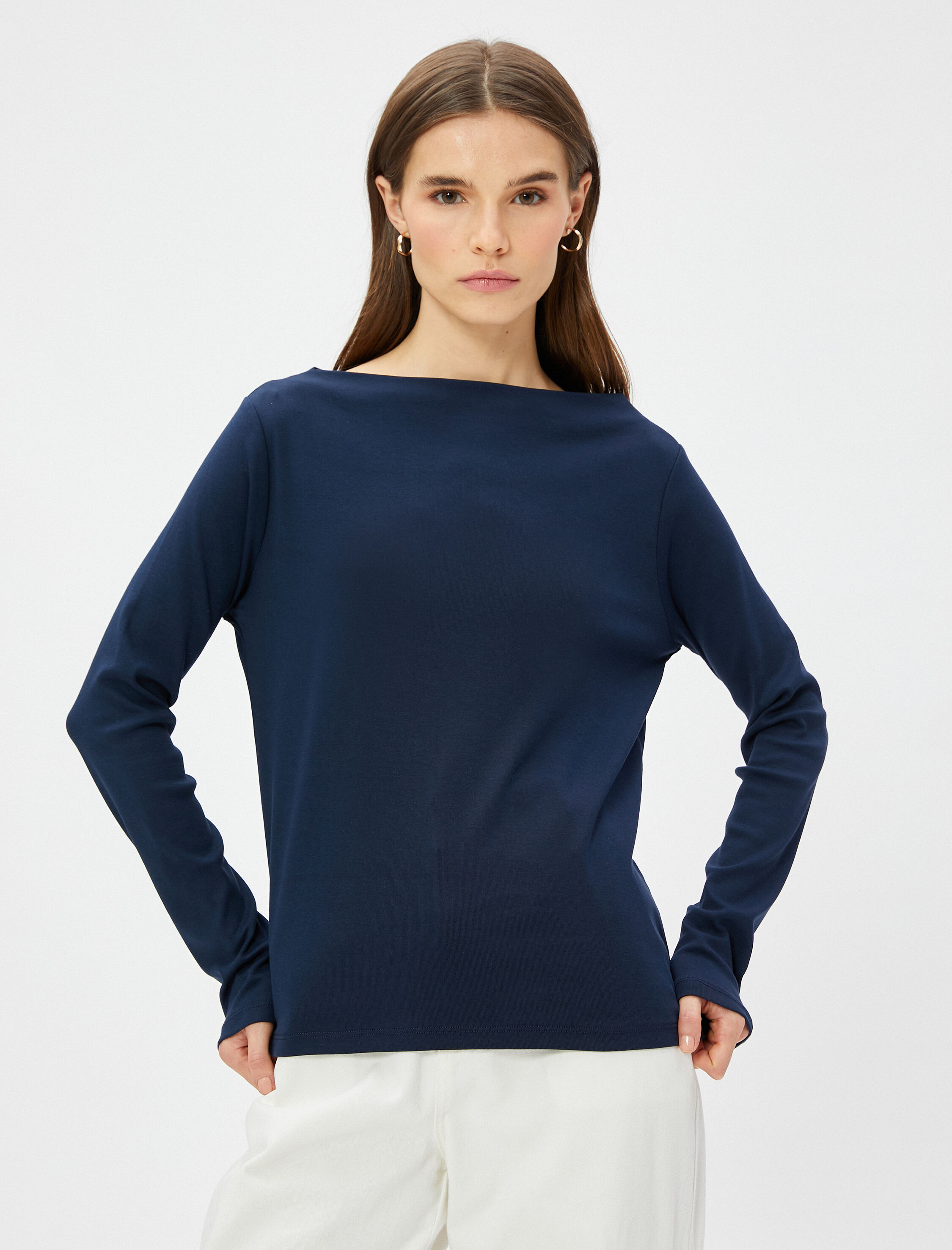   Kayık Yaka Tişört Uzun Kollu Pamuklu