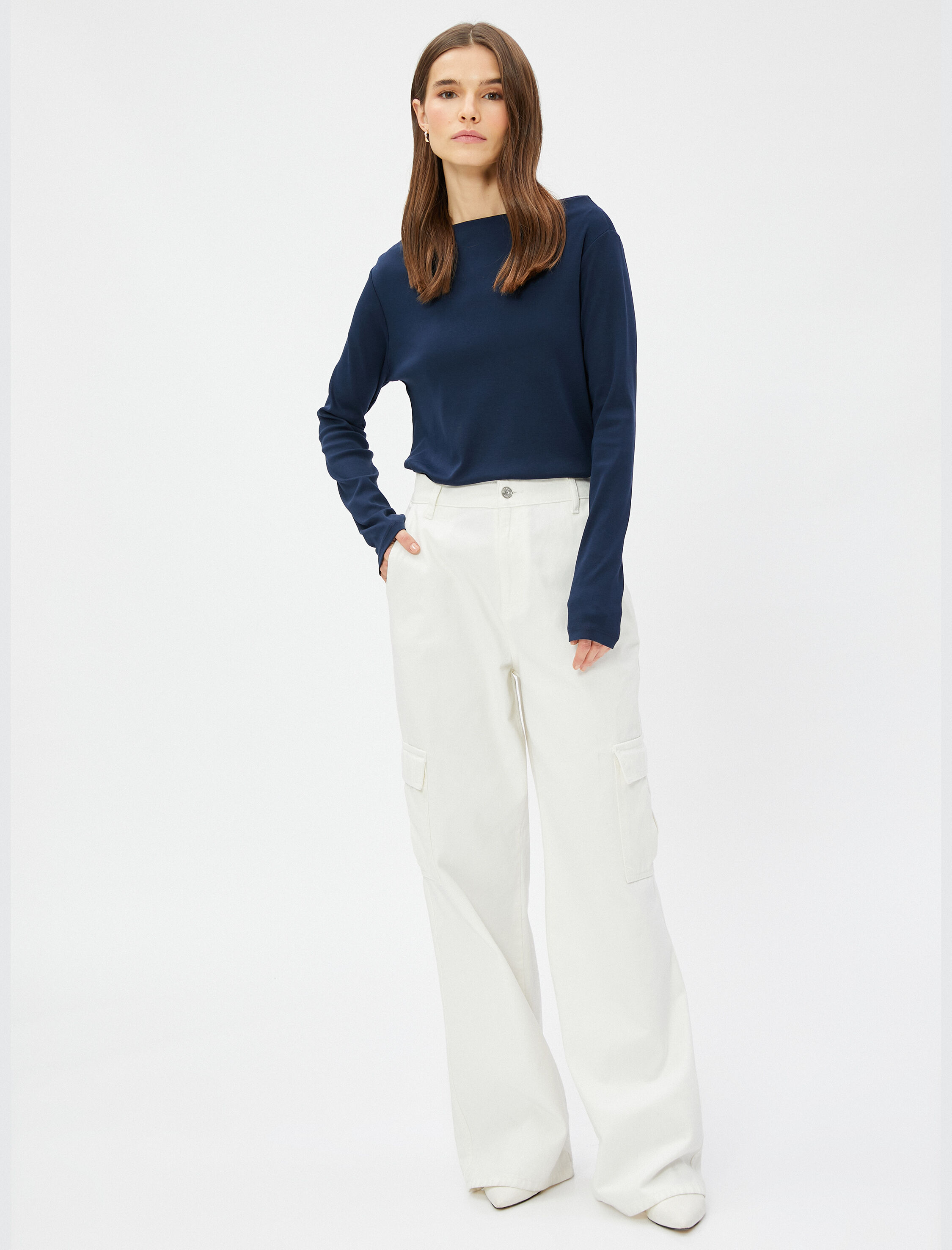   Kayık Yaka Tişört Uzun Kollu Pamuklu