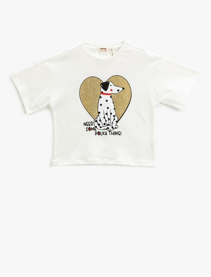 Kız Çocuk Tişört Kısa Kollu Köpek Baskılı Simli