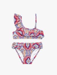 Bikini 2 Parça Asimetrik Kesim Fırfırlı Etnik Desenli