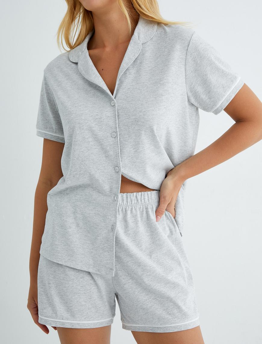   Şortlu Pijama Takımı Kısa Kollu Gömlek Yaka Düğmeli