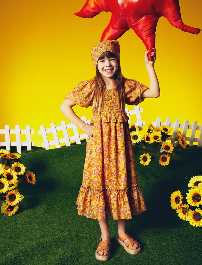 Kız Çocuk Elbise Çiçekli Balon Kollu Pamuklu Kare Yaka Astarlı