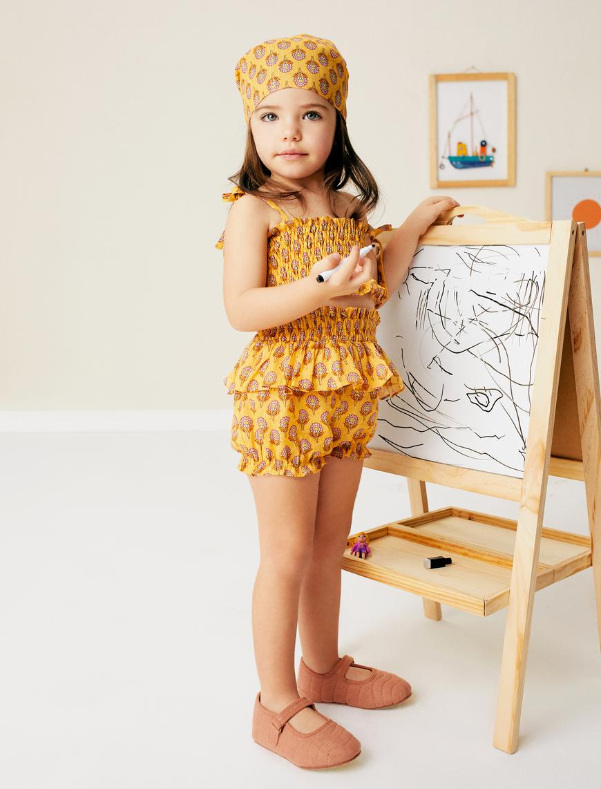  Kız Bebek Crop Bluz Askılı Çiçekli Gipe Detaylı Pamuklu