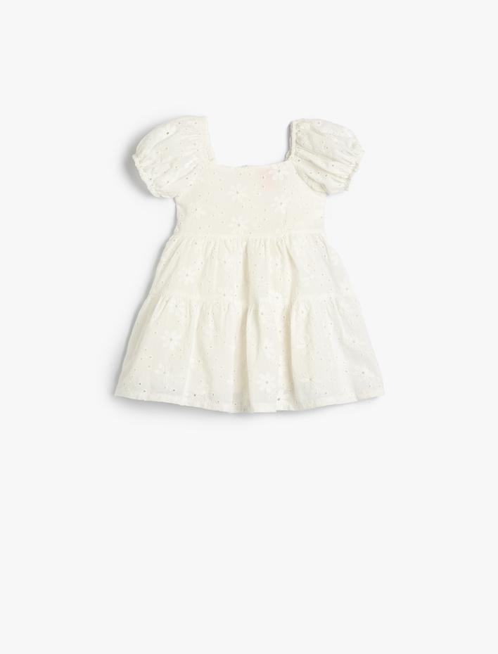 Kız Bebek Elbise Fisto Çiçek İşlemeli Balon Kollu Katlı Pamuklu Astarlı