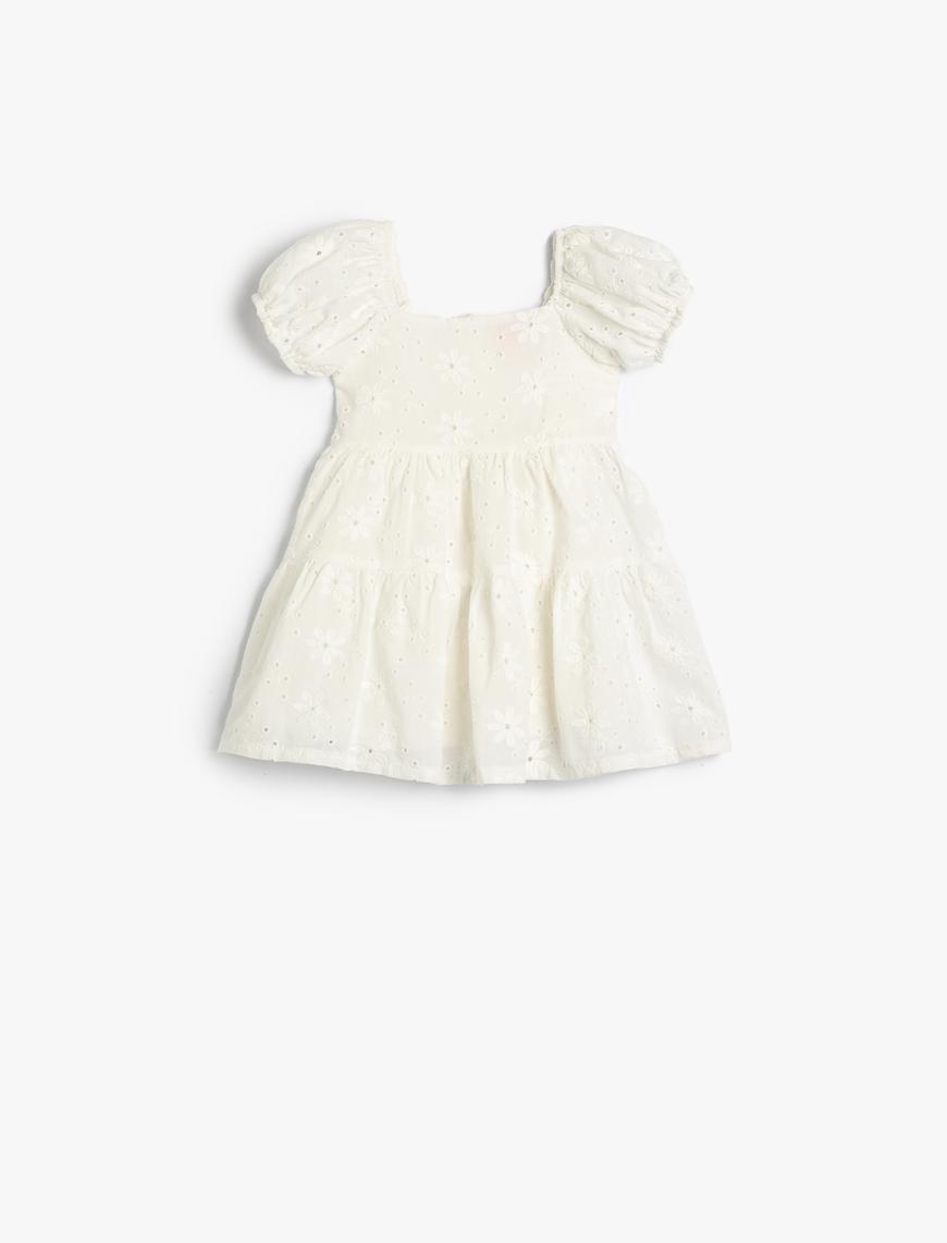  Kız Bebek Elbise Fisto Çiçek İşlemeli Balon Kollu Katlı Pamuklu Astarlı