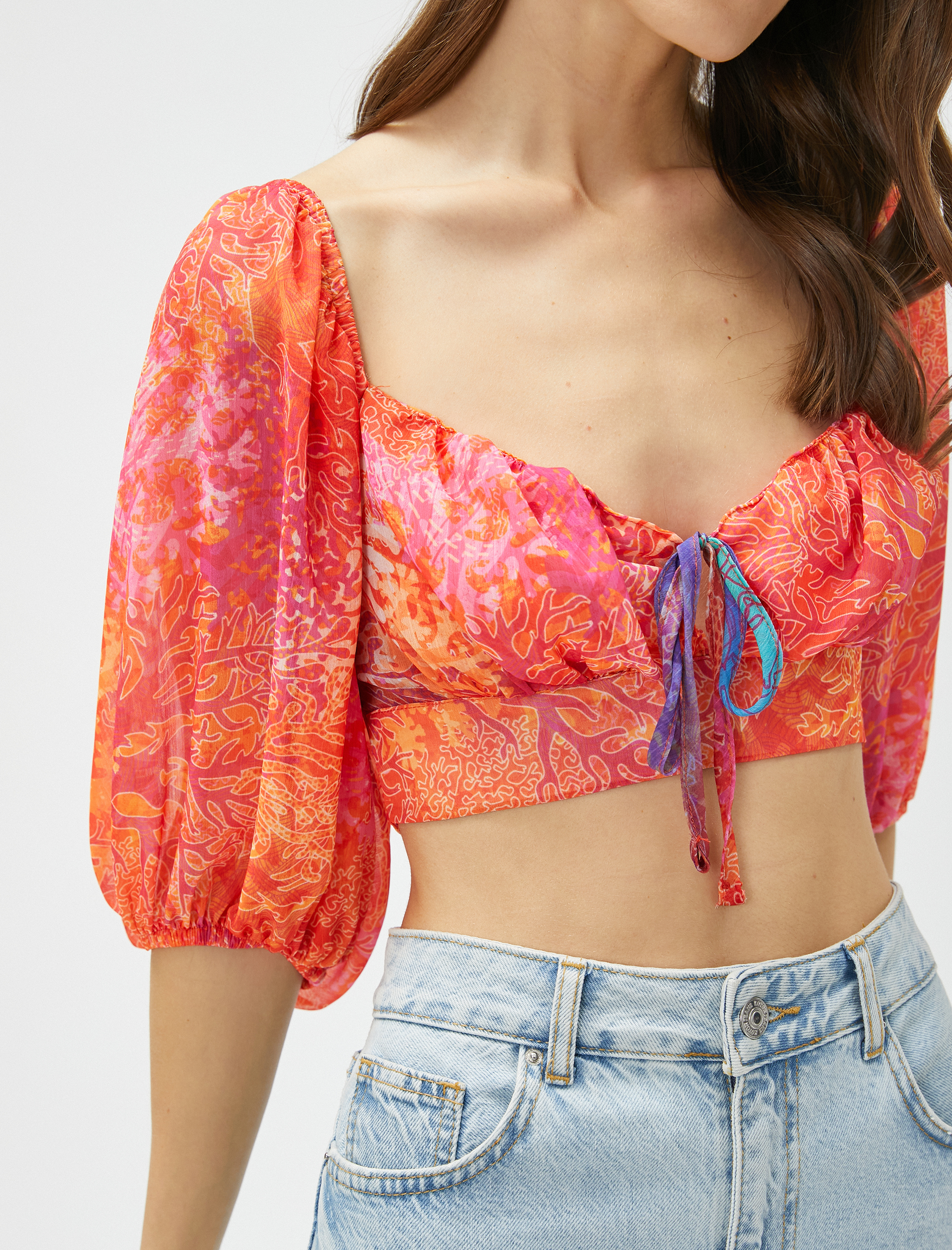   Şifon Crop Bluz Balon Kol Gipeli