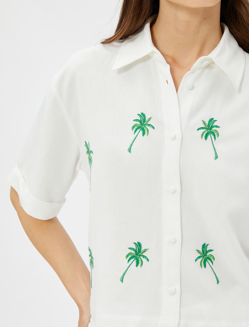   Keten Karışımlı Palmiye İşlemeli Crop Gömlek