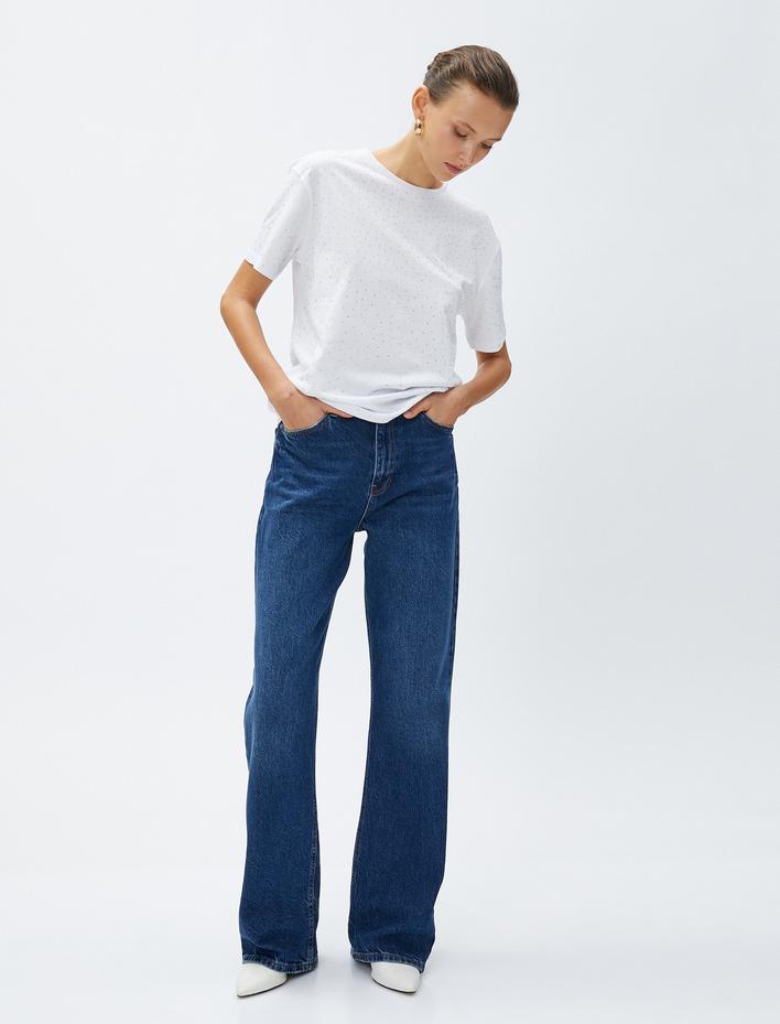  Taşlı Tişört Kısa Kollu Bisiklet Yaka Pamuklu