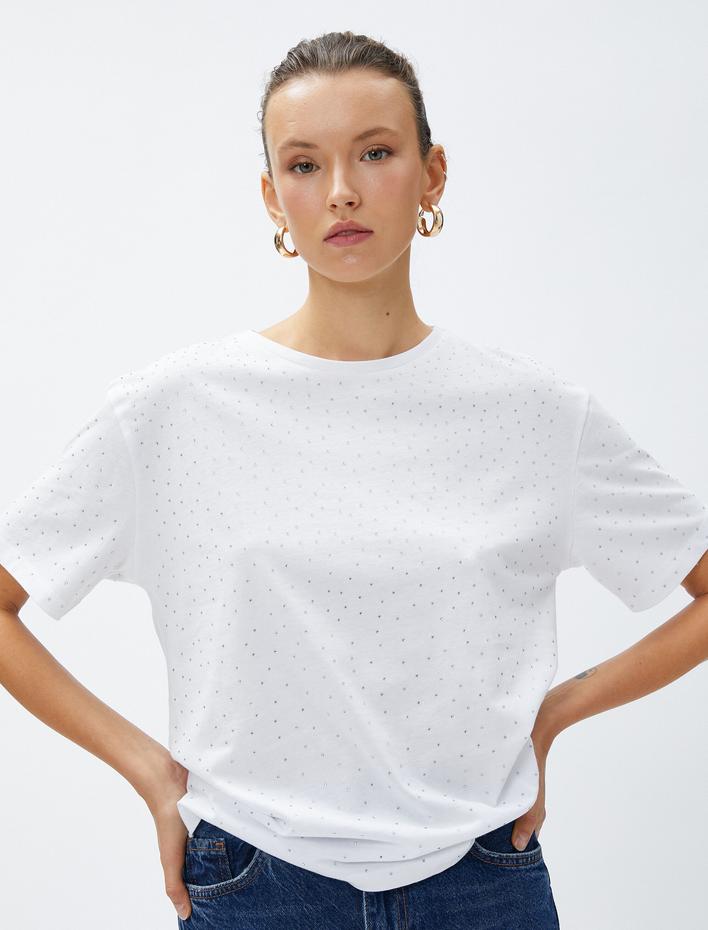  Taşlı Tişört Kısa Kollu Bisiklet Yaka Pamuklu