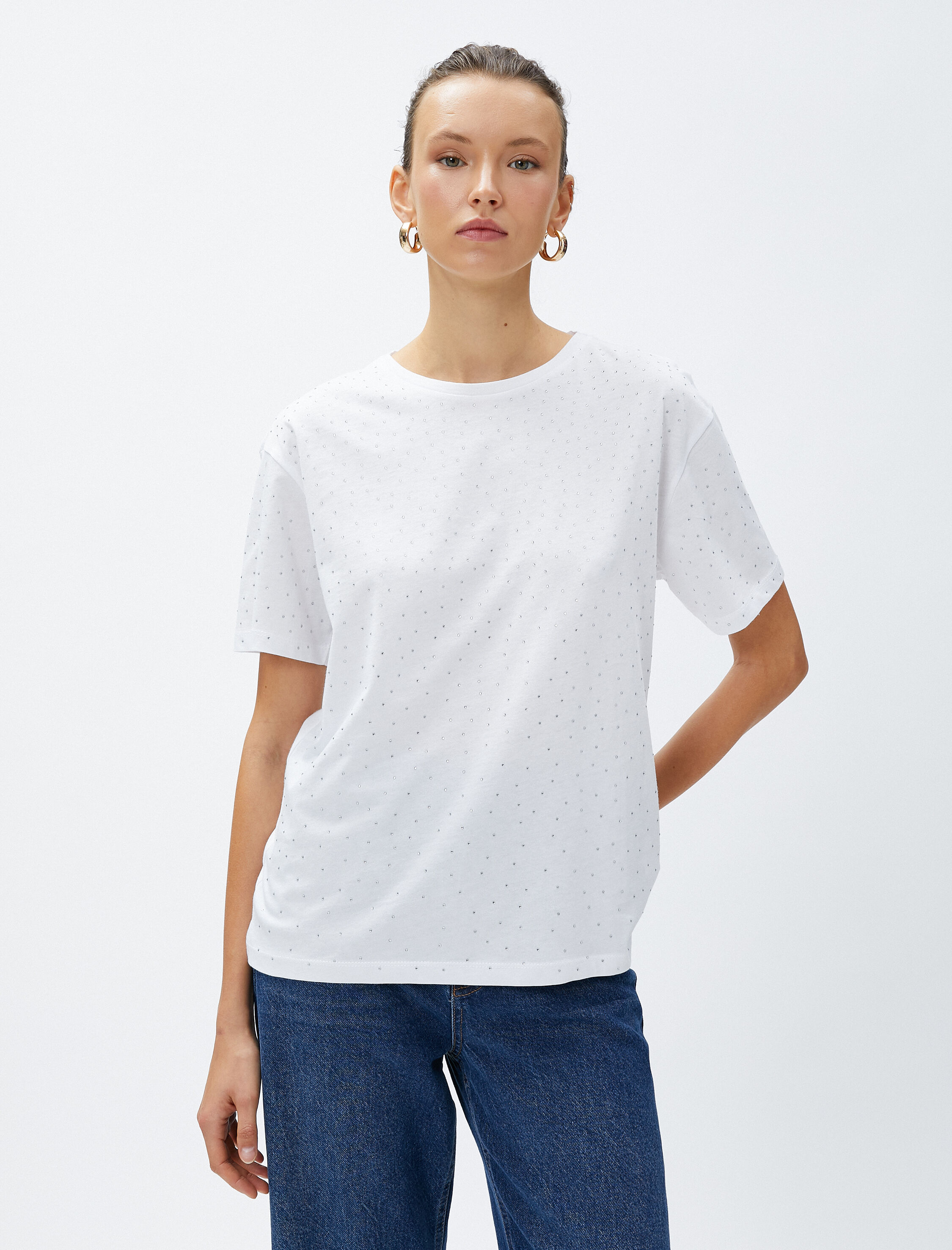   Taşlı Tişört Kısa Kollu Bisiklet Yaka Pamuklu