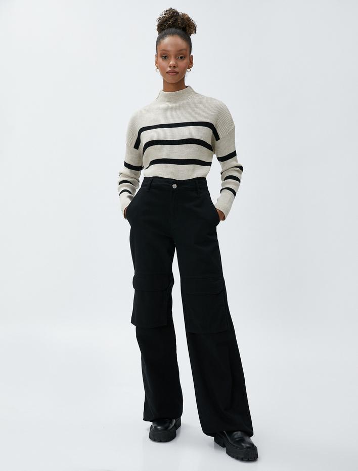  Dik Yaka Triko Kazak Fitilli Düşük Omuzlu Uzun Kollu