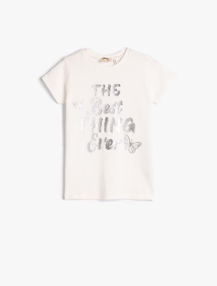 Kız Çocuk Tişört Parlak Baskılı Ribanalı Kısa Kollu Bisiklet Yaka Pamuklu