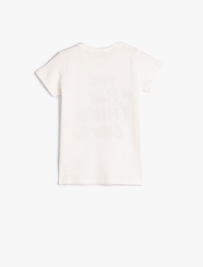 Kız Çocuk Tişört Parlak Baskılı Ribanalı Kısa Kollu Bisiklet Yaka Pamuklu