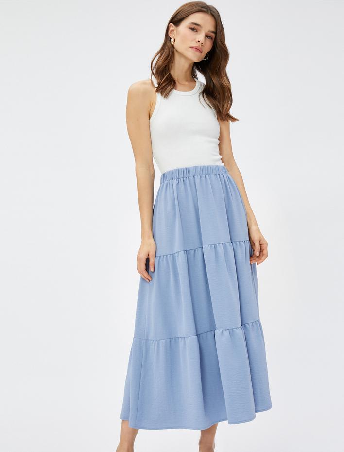  Katlı Midi Etek Beli Lastikli