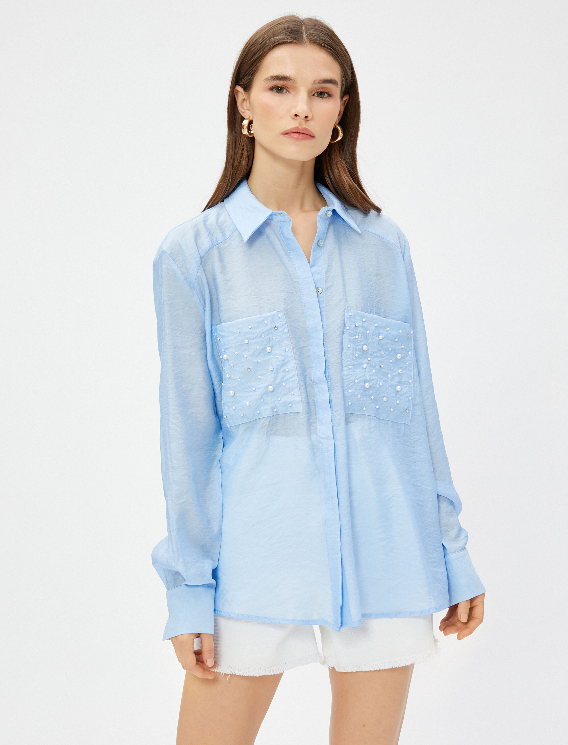   İnci Detaylı Gömlek Relax Fit Uzun Kollu