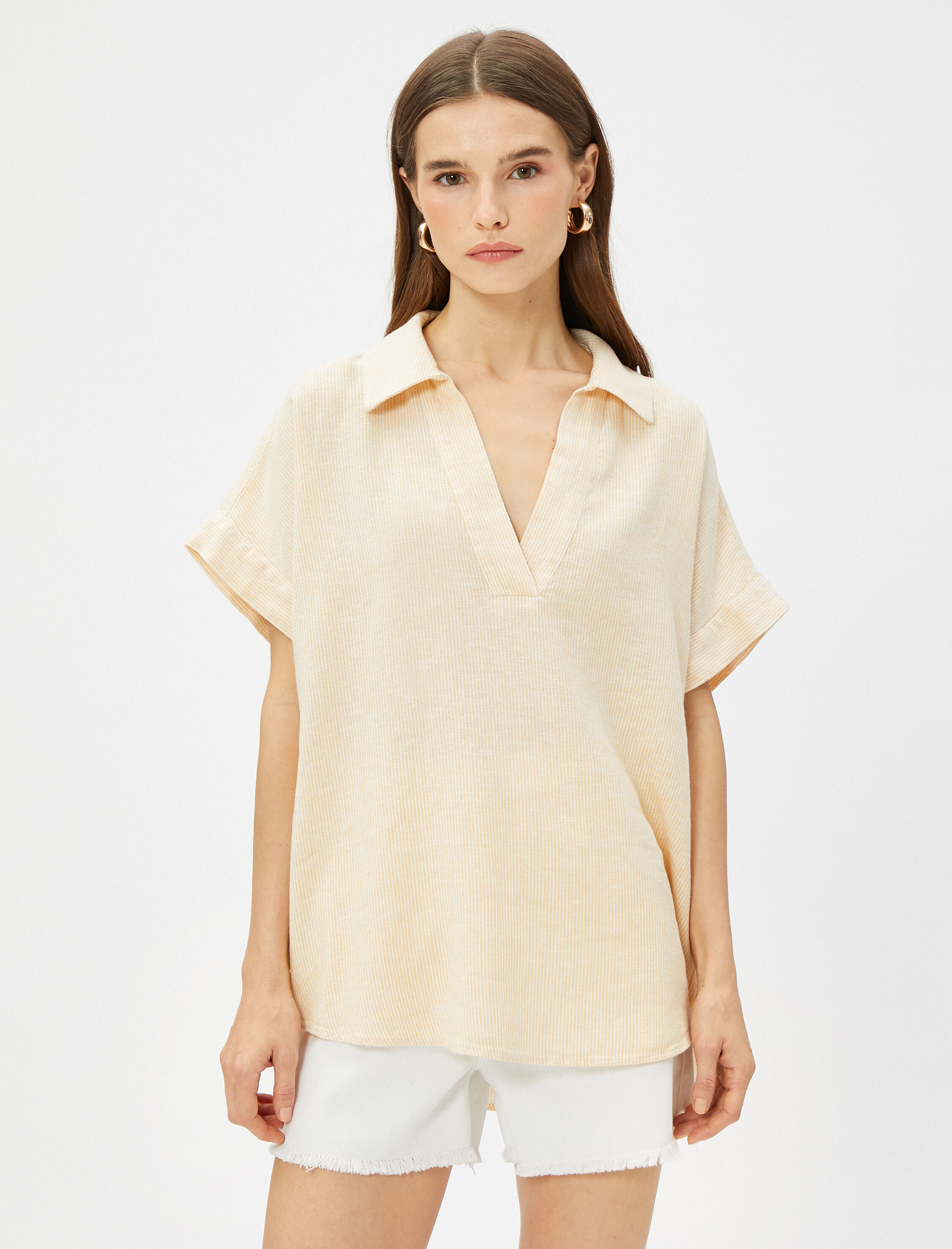   Oversize Çizgili Bluz Keten Karışımlı Gömlek Yaka