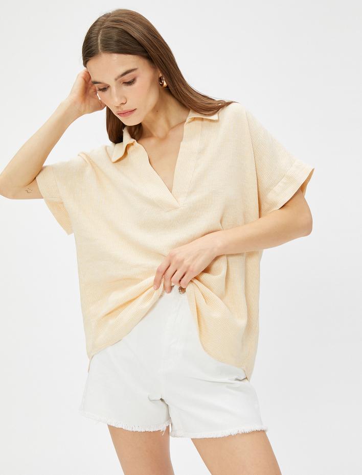  Oversize Çizgili Bluz Keten Karışımlı Gömlek Yaka