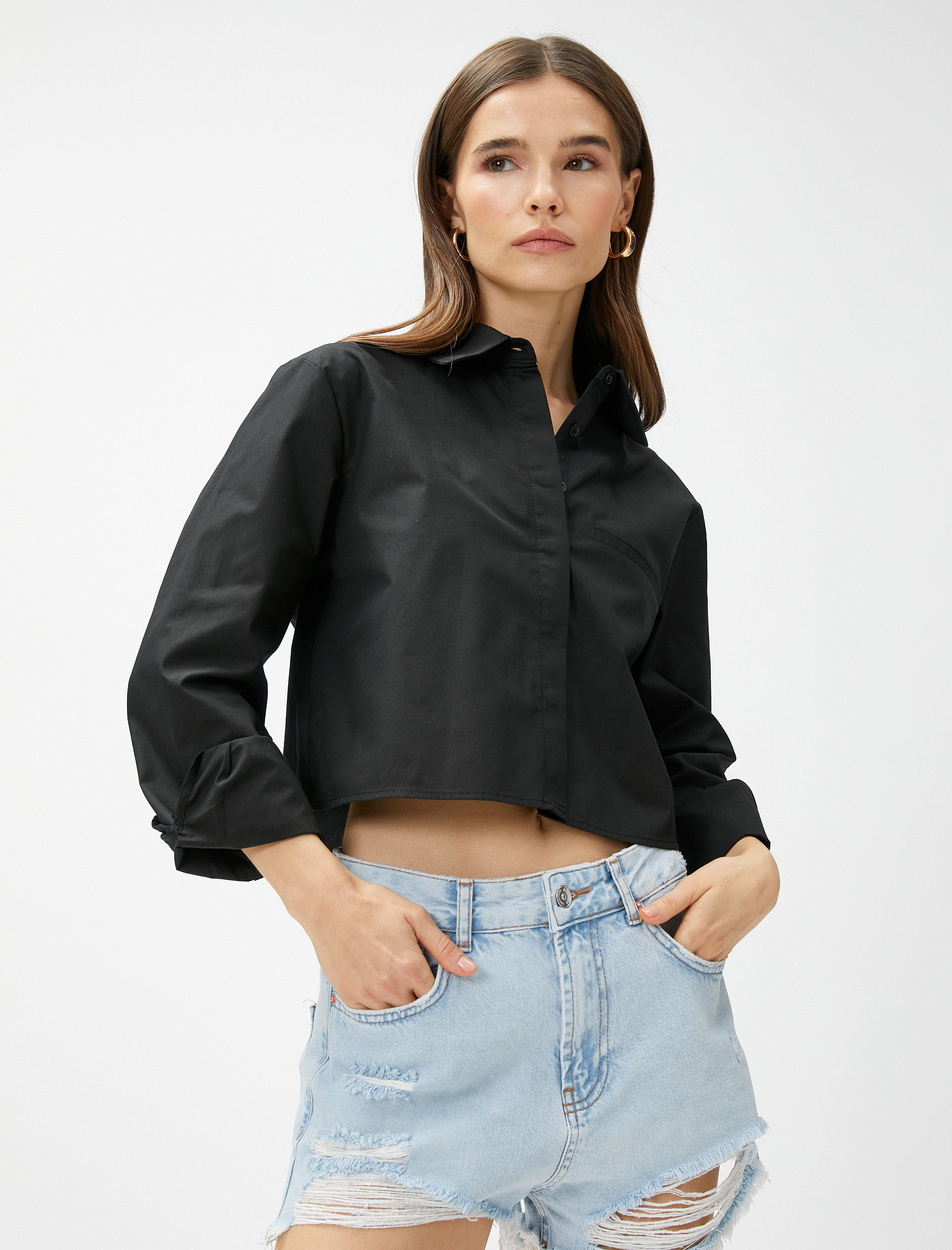   Crop Poplin Gömlek Uzun Kollu Cep Detaylı