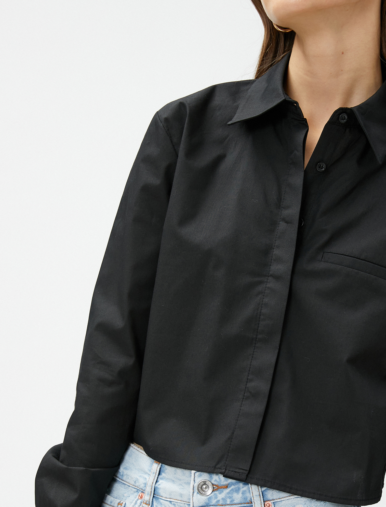   Crop Poplin Gömlek Uzun Kollu Cep Detaylı