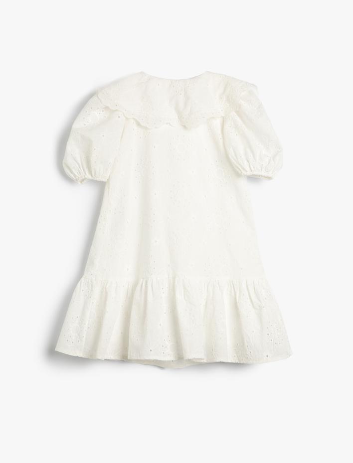 Kız Çocuk Elbise Geniş Bebe Yaka Lastikli Kısa Balon Kollu Pamuklu
