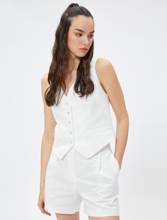  Keten Karışımlı Düğmeli Yelek