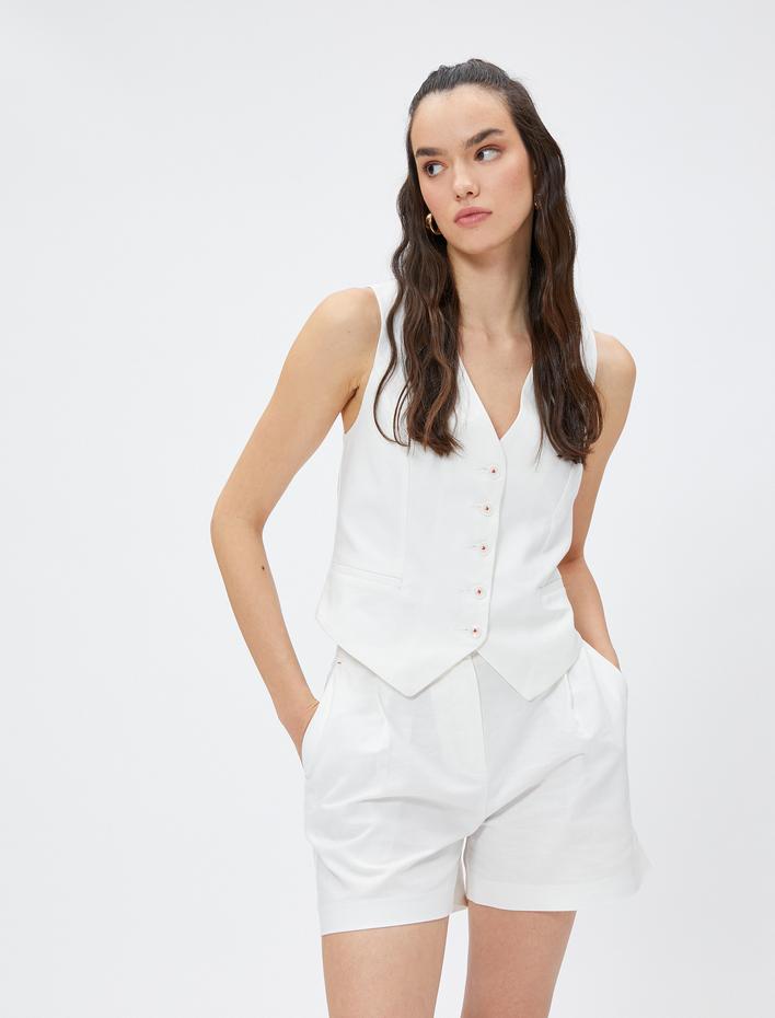  Keten Karışımlı Düğmeli Yelek