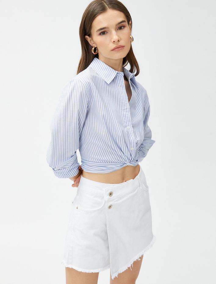  Crop Gömlek Düğüm Detaylı Uzun Kollu Pamuklu
