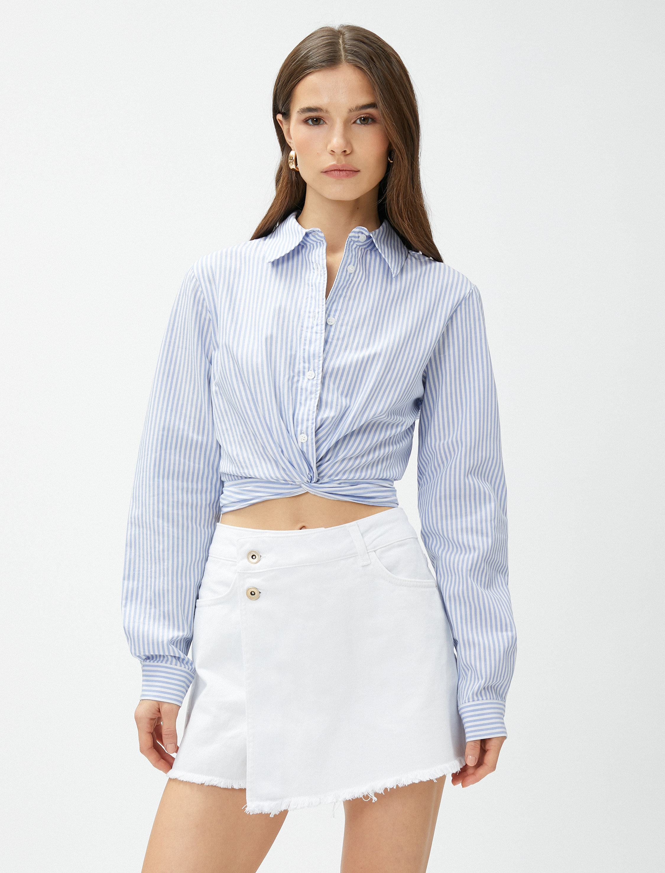   Crop Gömlek Düğüm Detaylı Uzun Kollu Pamuklu