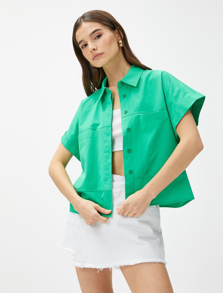   Crop Oversize Poplin Gömlek Kısa Kollu Pamuklu