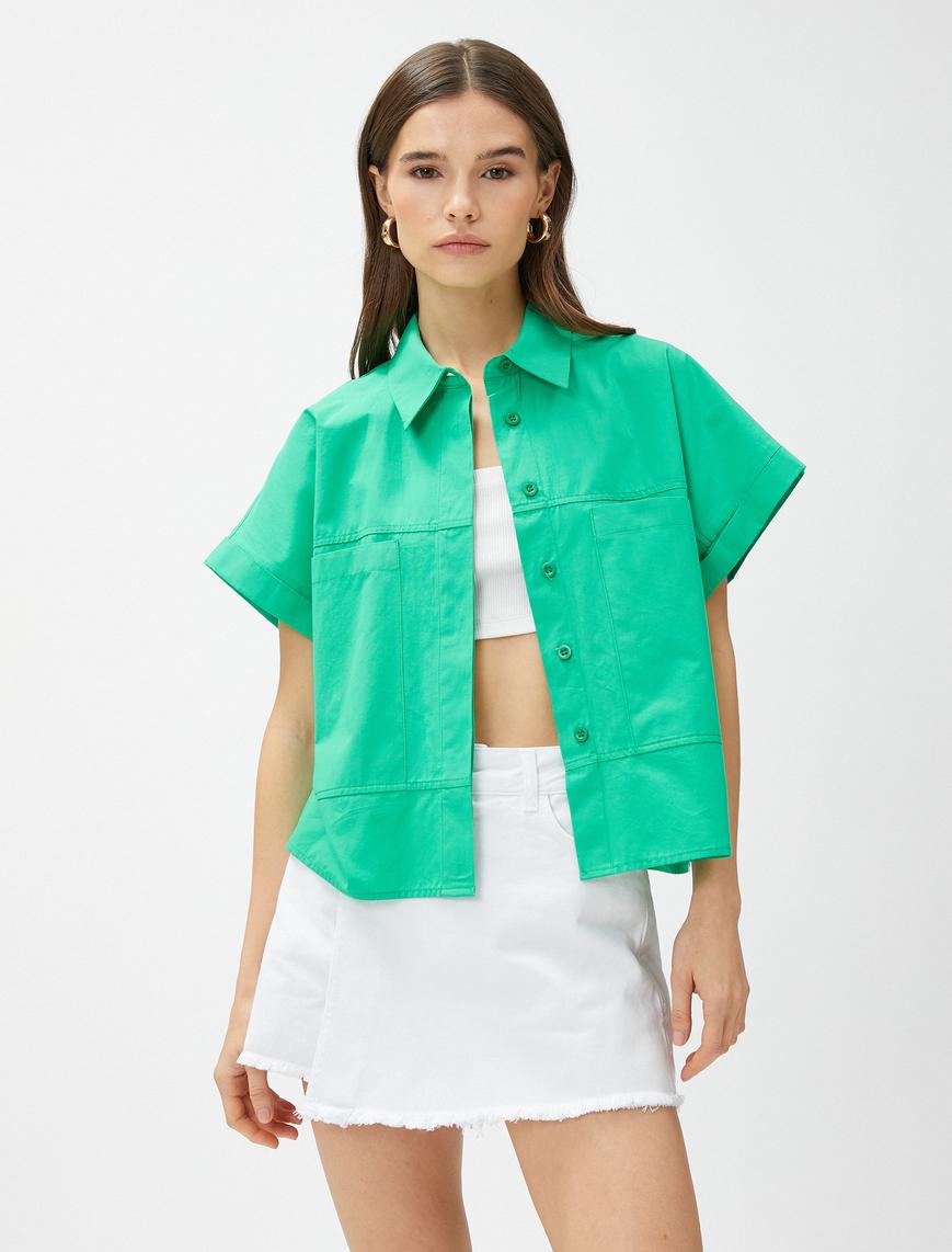   Crop Oversize Poplin Gömlek Kısa Kollu Pamuklu